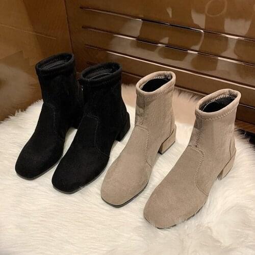 Suede fashion boots womens 2020 autumn and winter low-tube set feet womens shoes thick heel mid-heel plus fleece ankle boots