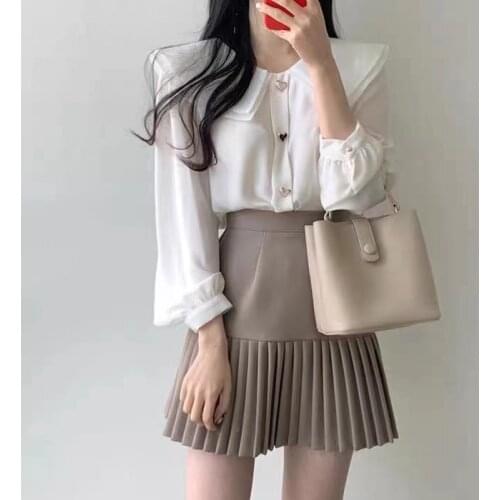 Chiffon Shirt Suit Female Spring and Autumn Two-piece Design Double-layer Doll Collar Top + Half-length Pleated Skirt