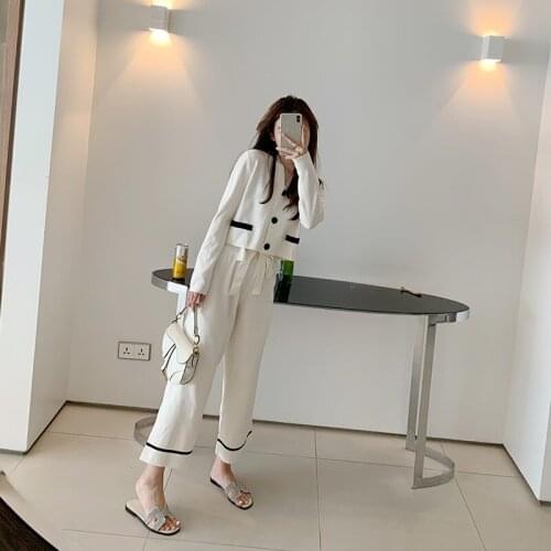 2019 New Fashion Pants And Top Two Piece Set Office Work Female Vintage Wide Leg Pants Suits Elegant Woman Knit Two Piece OS084