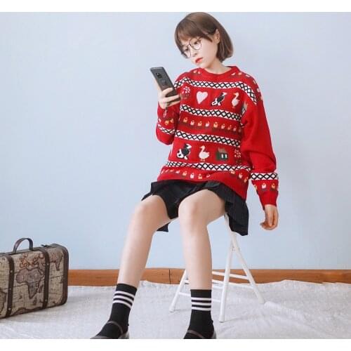 Vintage Style Cute Womens Knitted Sweater O-neck Pullovers Long Sleeve Fall Loose Sweaters Cute Girls Colors Red
