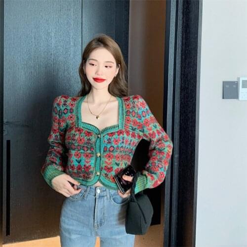 Women Jacquard Floral Crop Top Sweater Knitted Cardigan Coat Ladies Knitwear Vintage Square Collar Fashion All-match Female Tops