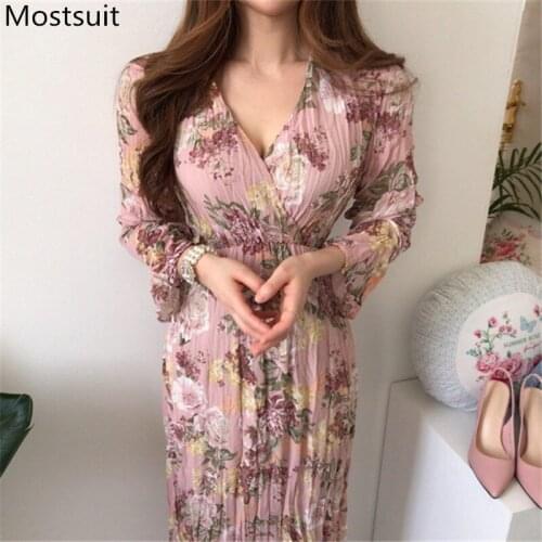 V-neck Floral Printed Women Long Dress Full Sleeve Korean Spring Autumn Vintage Elegant Pleated Dresses Vestidos Mujer 2021