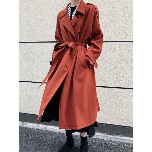 Womens Autumn Coat Casual Womens Long Jacket Loose Trench Coat Korean Style Winter Femme Belt Double-breasted Windbreaker
