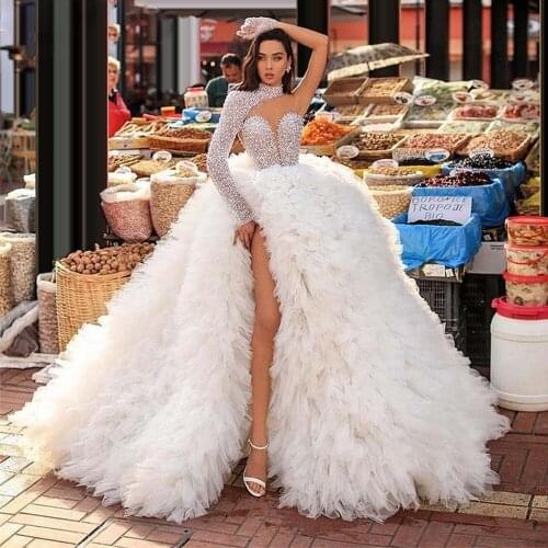 High Quality Custom Made Women High Neck Beaded Top Sweetheart Princess White High Slit Tulle Formal Evening Dresses Ball Gowns