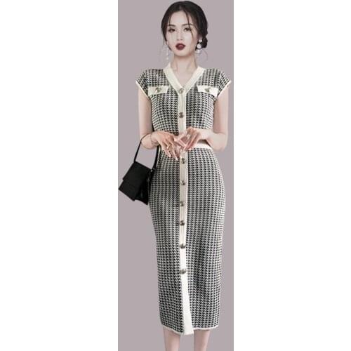 2021New Korean Vintage Houndstooth Knitting Dress Women V Neck Button Slim Sweater Long Summer Dress Casual Robe Femme Vestidos