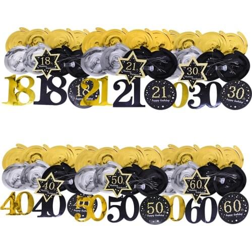 8pcs/Pack Black Gold 18 21 30 40 50 60 Happy Birthday Star Decorative Ceiling Hanging Swirl for Adult Birthday Party Decorations