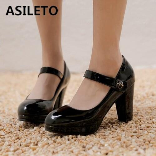 ASILETO New 2021 Ladies Pumps Round Toe 9cm Block Heels Patent Leather Buckle Concise Classic All-Match Big Size 48 A3545