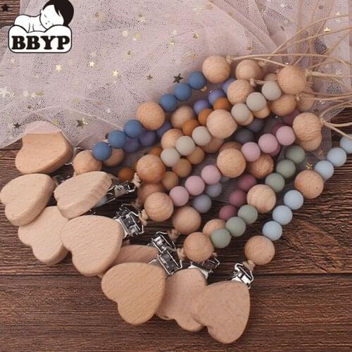 Newborn Feeding Pacifier Baby Pacifier Clip Chain Silicone Wooden Beaded Heart Shape Pacifier Clip Silicone Chain Nipple Holder