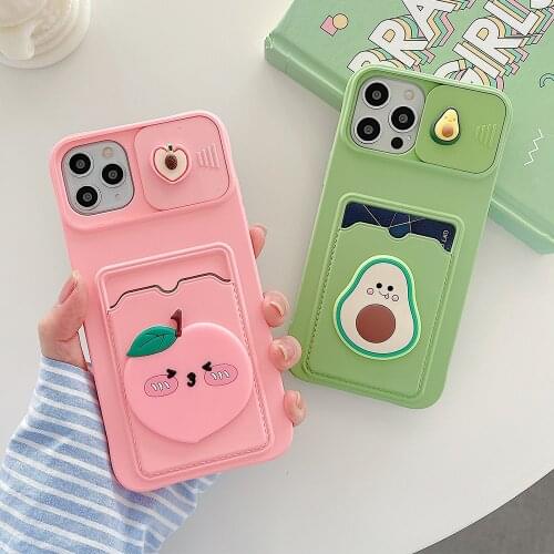 3D Cartoon Fruit Card Bag Slide Lens Protection Case For iPhone 12 11 Pro Max XS Max X XR 7 8 Plus Soft Silicon Shockproof Cover