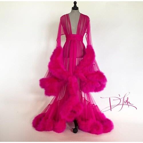 Fuchsia Maternity Dresses Luxury Fur Maternity Gown for Photoshoot Boudoir Lingerie Tulle Robe Bathrobe Nightwear Babydoll Robe