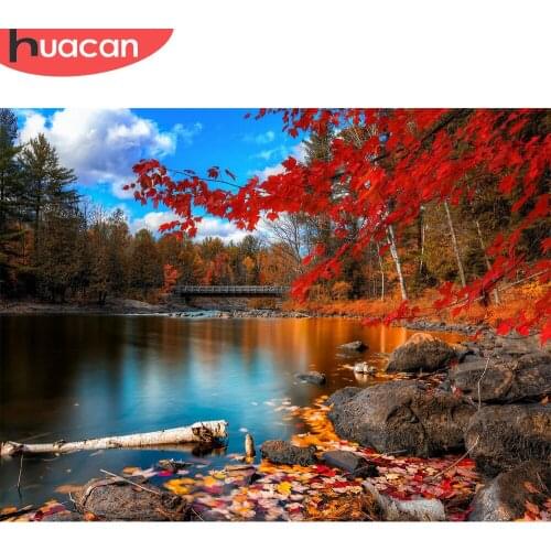 HUACAN Diamond Art Painting Autumn River Landscape Diamond Mosaic Maple Tree Cross Stitch Bedroom Decoration