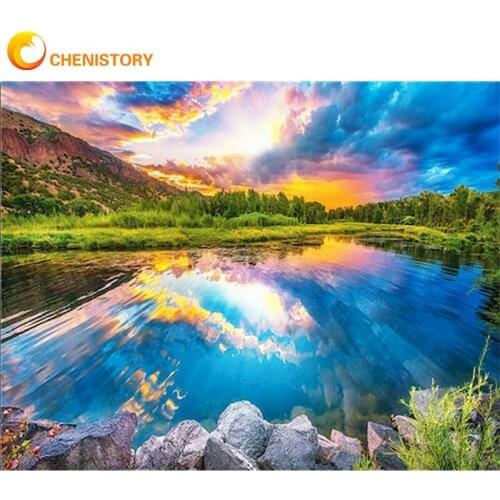 CHENISTORY Beautiful Mountain River Scenery Oil Painting By Numbers Kits For Adults 60x75cm Framed Modern Home Room Decor Art
