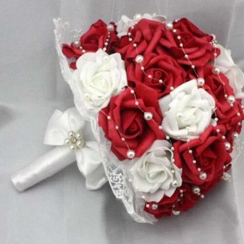 Beautiful artificial red wedding flowers bridal bouquets Pearls Flower Rose Bouquet