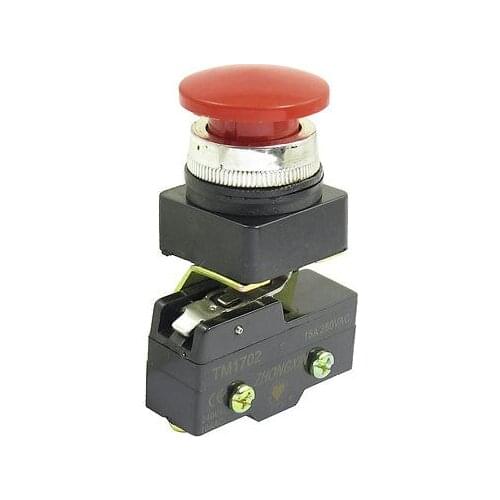 250VAC 15A SPST 1NO 1NC 25mm Thread Momentary Red Mushroom Head Micro Switch