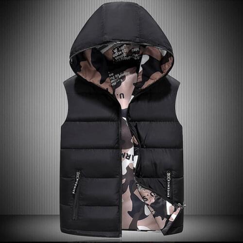 Men Hooded Vest Jacket 2021 Autumn Winter Down Jackets Wear on Both Sides Puffer Vest Camouflage Sleeveless Jacket Waistcoat