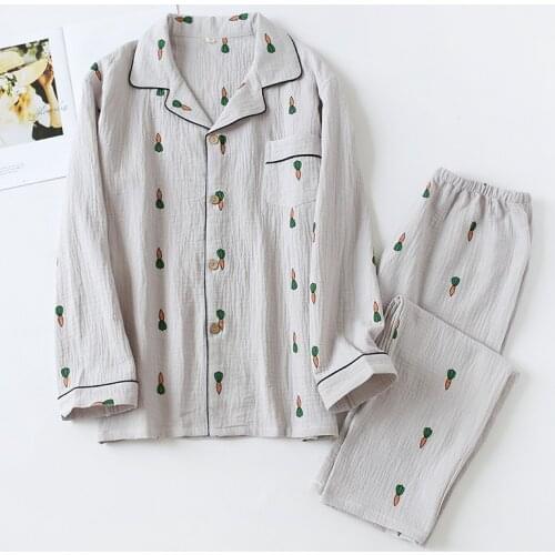 Mens Long-sleeved Trousers Pajama Set 100% Cotton Crepe Long Sleeve Pijama Man Set Radish Printing Pajamas Leisure Sleepwear