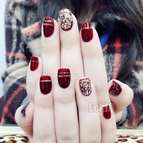 Red Wine Fake Nails Champagne Glitter UV Gel False French Nails Short Size Nail Art Tips Z912