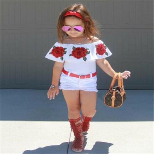 Toddler Baby Girl Clothes Flower Off Shoulder Ruffled Tops+Denim Ripped Shorts 2PCS Outfits Summer Clothes KF1118