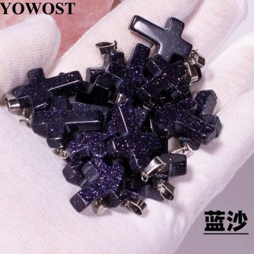 Wholesale 10Pcs/Lot Blue Sand Natural Stone Charms Pendants Cross Shaped Dangle Beads QV0075