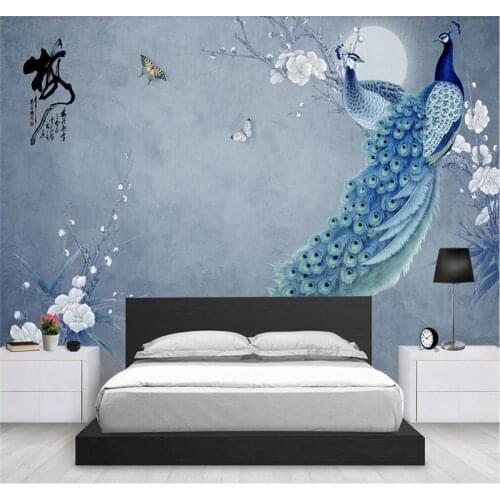 Professional custom wallpaper new chinese style plum blossom peacock flower bird sofa tv background map