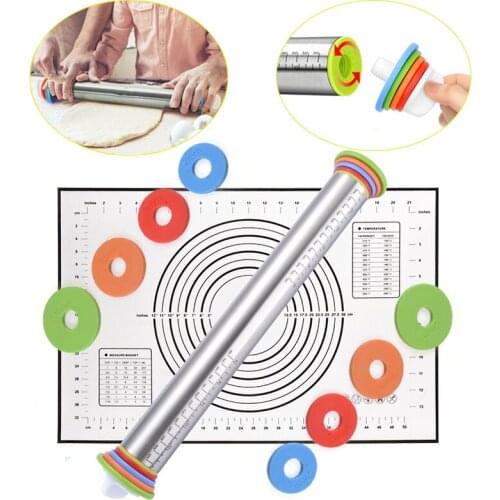 Adjustable Rolling Pin Dough Mat Kitchen Accessories Biscuits Roller Stainless Steel Fondant Paste Cake Tool Pizza Bake Tools