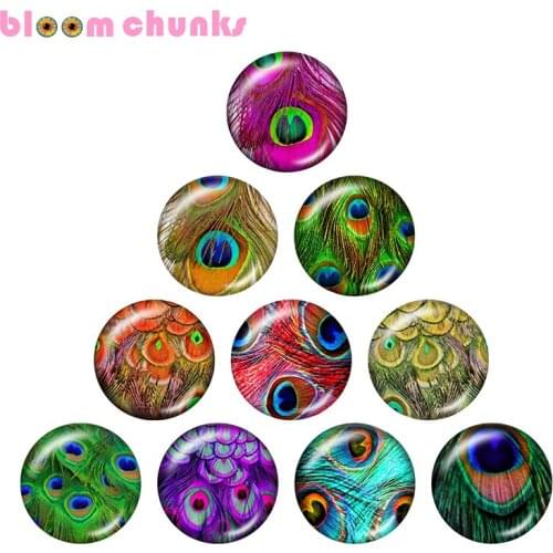 Peacock feather pattern 10pcs mixed 12mm/18mm/20mm/25mm Round glass cabochon jewelry flat back Making findings S1910