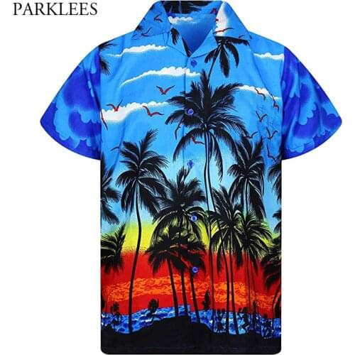 Blue Palm Tree Printed Beach Wear Shirt Men 2020 Summer Short Sleeve Men Hawaiian Shirt Casual Button Down Camisa Hawaiana 3XL