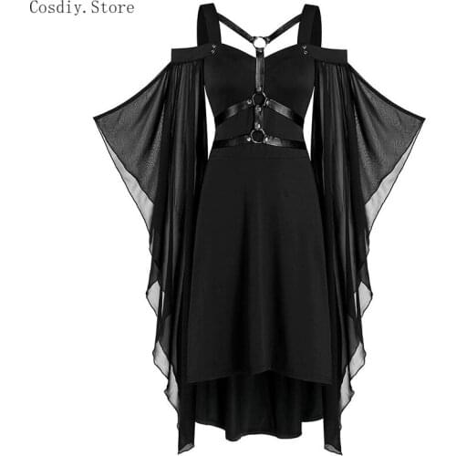 S-5XL Gothic Punk Handkerchief Dress Batwing Sleeve Women Harness High Low Patchwork Strappy Costume For Halloween Plus Size