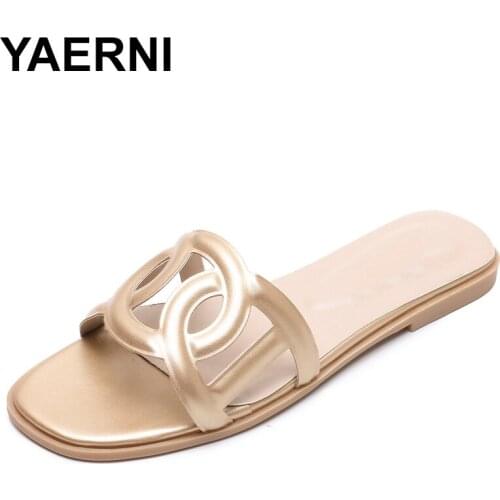 YAERNI Summer New Women Hollow Out Flats Slippers 2020 Female Fashion Outside Slides Slippers Ladies Casual Beach Slippers Big
