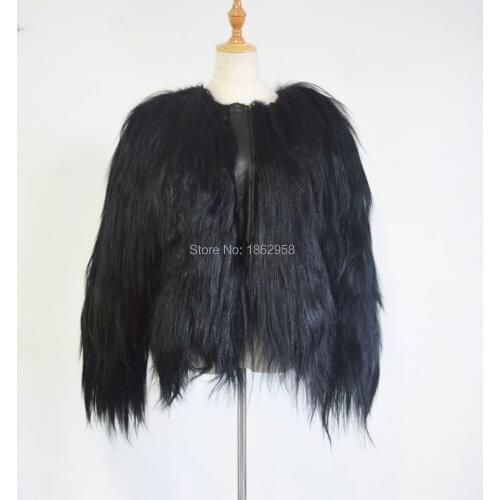 SJ504 Black Colored Natural Fur Jacket with Sheep Leather Luxury Goat Jacket
