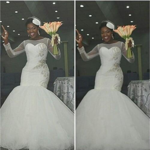 Mermaid Crystal Wedding Dresses Sheer Long Sleeve Tulle Bridal Gowns Sexy Plus Size African Wedding Bridal Dress Custom