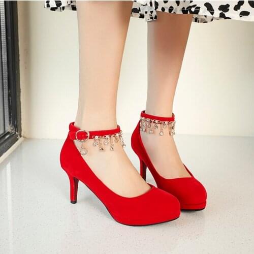 Spring Personality Women Pumps Round Toe Luxury Shoes Shallow Rhinestone Square Low Heels Fashion Red Wedding Party Shoes Woman