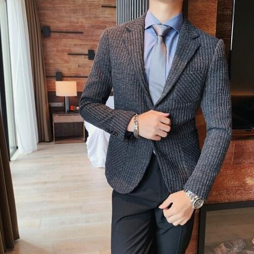 High Quality Autumn Winter New Blazer Men Clothing Fashion Vertical Stripes Slim Fit Casual Formal Wear Business Coats Black 3XL