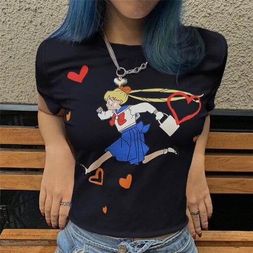 Kawayi Japanese Girl Printed T-shirt Cute Women Girls Navel T-Shirt Cotton Tee Cropped Tops Basic Short Sleeve T-shirt Femme