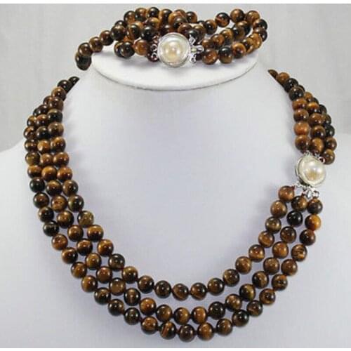 Selling Jewelry>>Natural 3 rows 8mm Africa Roaring Tiger Eye Necklace, Bracelet 17-19"/7.5"