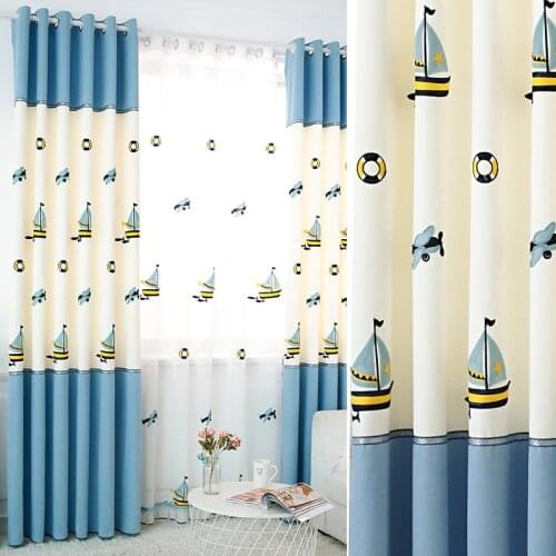 New Embroidered Stitching Shading Chenille Blue Cartoon Curtain Boys and Girls Childrens Room Curtain
