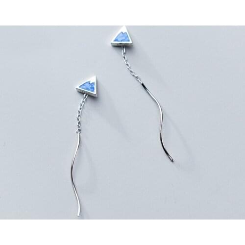 MloveAcc Real 925 Sterling Silver Bohemia Blue Enamel Triangle Elegant Tassel Dangle Drop Earrings for Women Party Jewelry