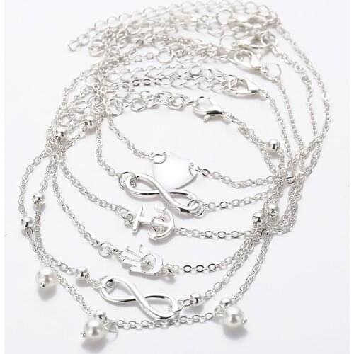 5 PCS/lot Women Summer Gold Color and Silver Color Anklet Pearl Heart Infinite Bohemian Charm Ankle Chain Woman Jewelry B011