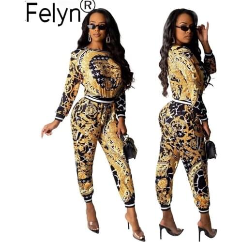 Felyn 2020 New Arrival Sexy Tracksuits Night Club 2 pieces Women Set Print O-Neck Full Sleeve Tops And Long Pants