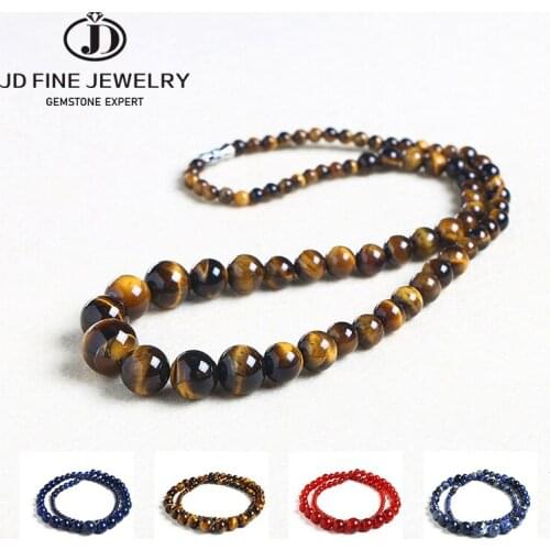 JD 10-14mm Natural Lapis Lazuli Bead Graduated Choker Necklace Tiger Eyes Stone Smooth Round Shape Bead For Women Party Jewelry