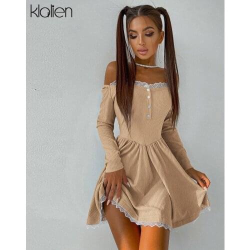 KLALIEN Autumn Fashion Elegant Lace Up Solid Knit Slash Neck A-Line Dress For Women College Sweet Cute Office Lady Dresses New