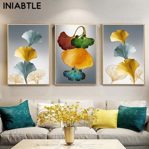 Gold Ginkgo Biloba Leaf Plant Abstract Painting Canvas Poster Nordic Wall Art Print Modern Picture Living Room Home Decoration