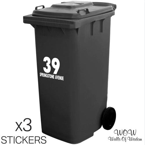 House Number 3 x Personalised Wheelie Bin Stickers Street Name, Home, Office, Business, Easy to Apply. Door Sign