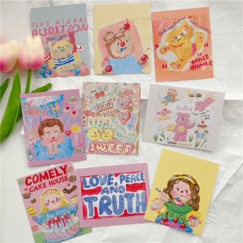 9pcs Cute Cartoon Postcard Bear Hand Account Decoration Card Photo Props Wall Stickers Greeting Card Decoration Gift