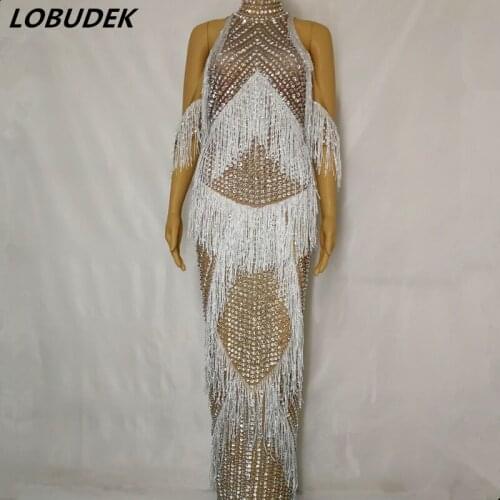 Shining Rhinestones Sexy Off-Shoulder Tassel Long Dress Evening Party Women Luxury Costume Birthday Celebration Crystals Dress