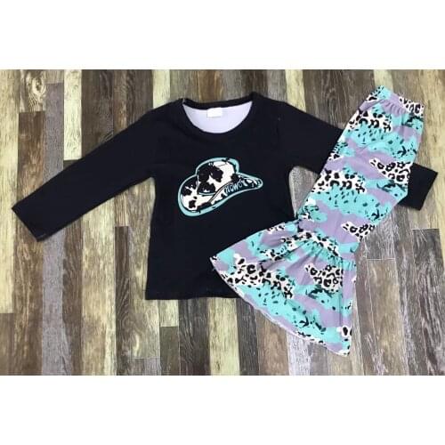 Long sleeve cow print children clothes appliques girl boutique clothes
