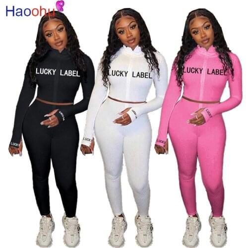 HAOOHU Active Wear Knitted Ribbed Womens Set Lucky Label Embroidery Zipper Tops Pencil Pants Suit Tracksuit Two Piece Set