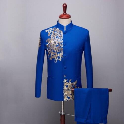 Costume homme terno Blazer men groom suit set with pants embroidery blue mens wedding suits singer stage clothing formal dress