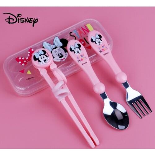 Disney 3 piece set Minnie Mickey childrens cutlery set baby home learning training chopsticks cutlery spoon set