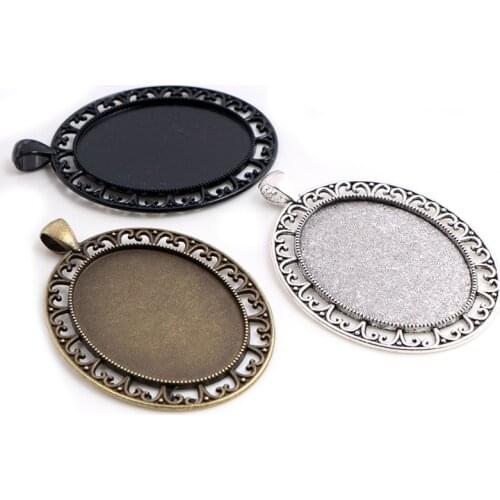 New Fashion 5pcs 30x40mm Inner Size Antique Silver Plated Bronze Black Pierced Style Cabochon Base Setting Charms Pendant